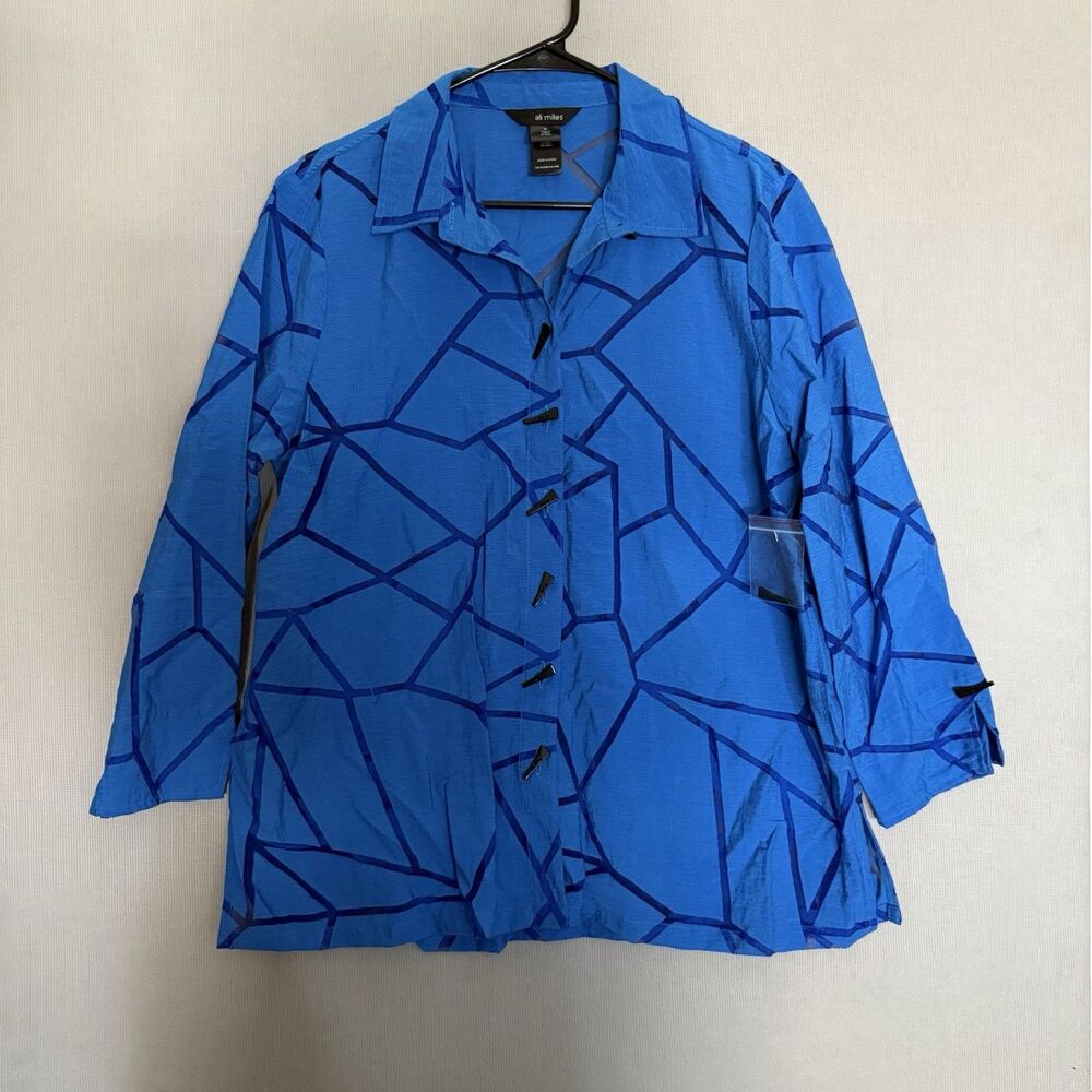 New Ali Miles Medium Blue Black Artsy Lagenlook Textured 3/4 Sleeve Art To Wear